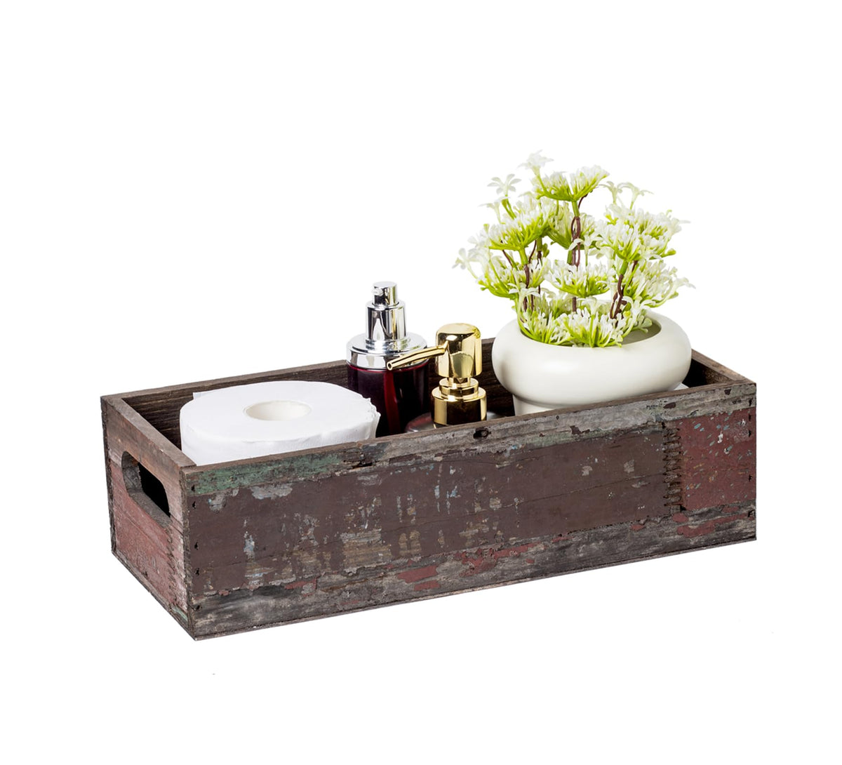 TIMRIS Farmhouse Distressed Wooden Storage Box, Rustic Bathroom Decor Box, Decorative Toilet Tank Basket Nice Butt, Solid Reclaimed Wood Organizer Box with Handles (Random)