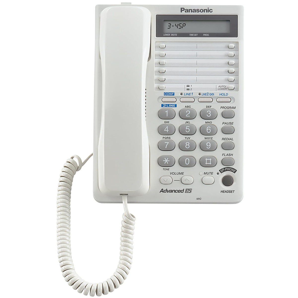 Panasonic 2-Line Integrated Corded Telephone System with 16-Digit LCD, Speakerphone, Clock, Hearing Aid Compatibility and 3-Way Conferencing - KX-TS208W (White)