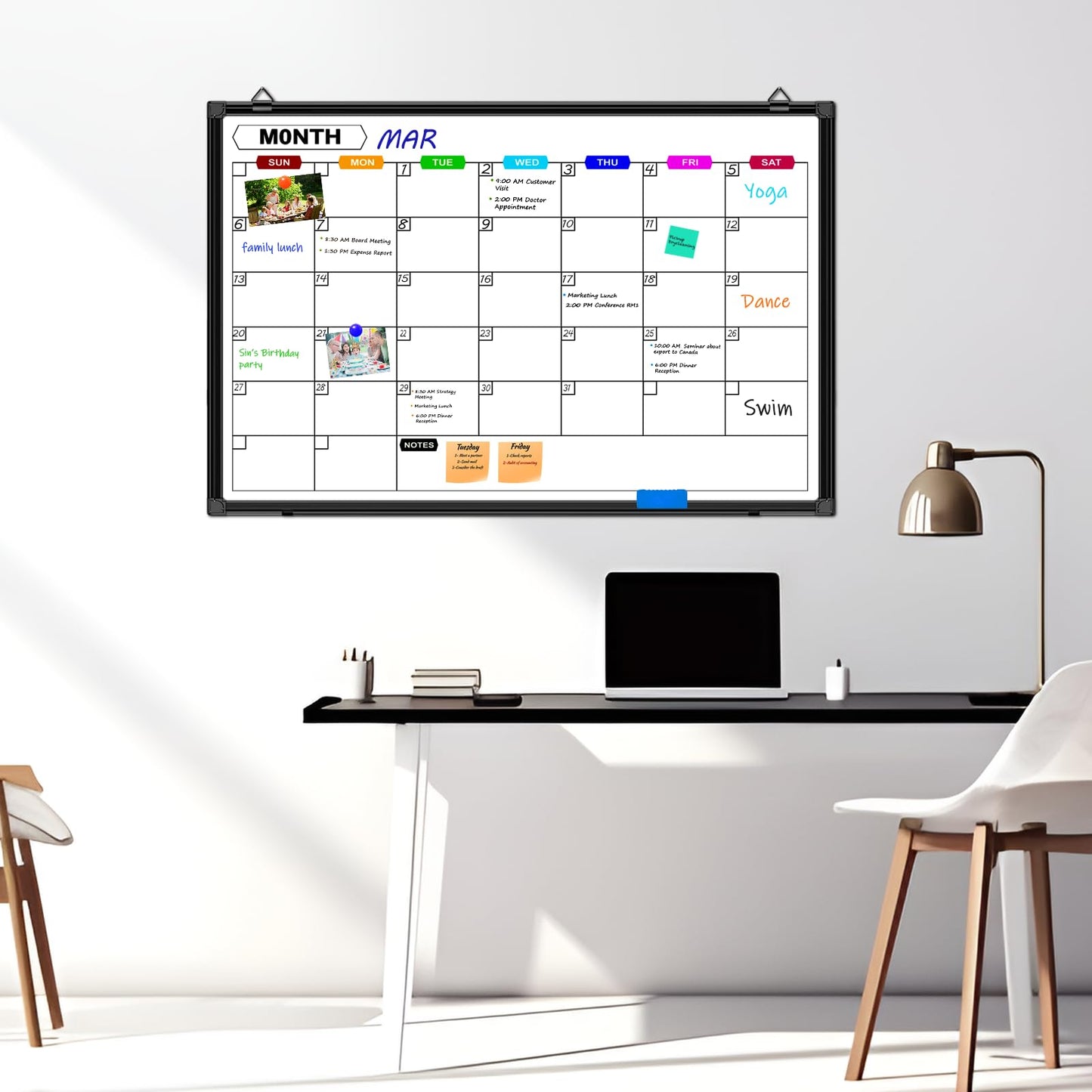 CALENBO Dry Erase Calendar Whiteboard for Wall 36" x 24", Magnetic Monthly White Board Calendar Dry Erase with Tray, Black Aluminum Frame Bulletin Board for Office Home and School