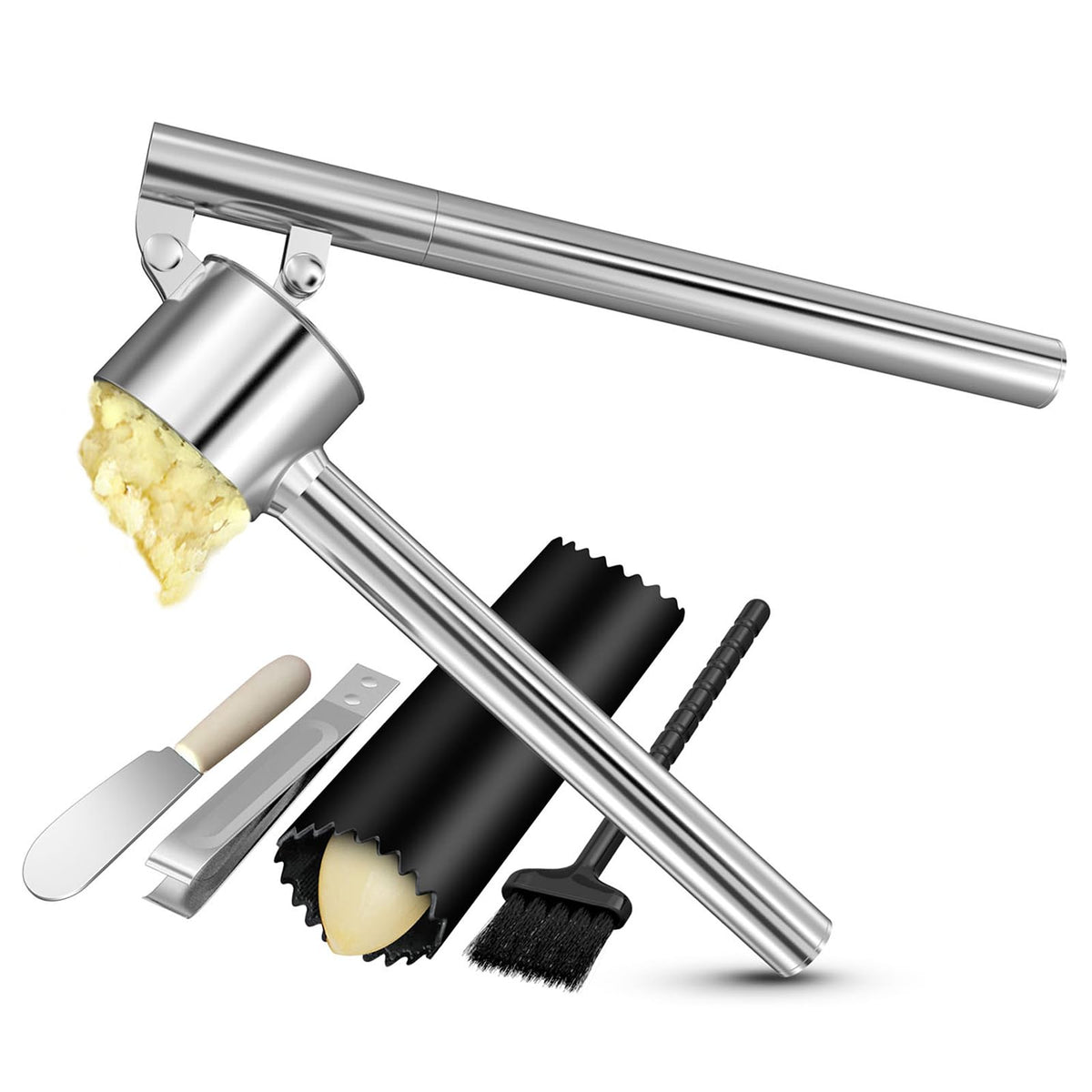 5-in-1 Stainless Steel Garlic Press Set with Jumbo Chamber & Mincer - Heavy Duty Rustproof Garlic Crusher with Ergonomic Handle, Dishwasher Safe, Easy Squeeze Design for Ginger, Nuts, Herbs