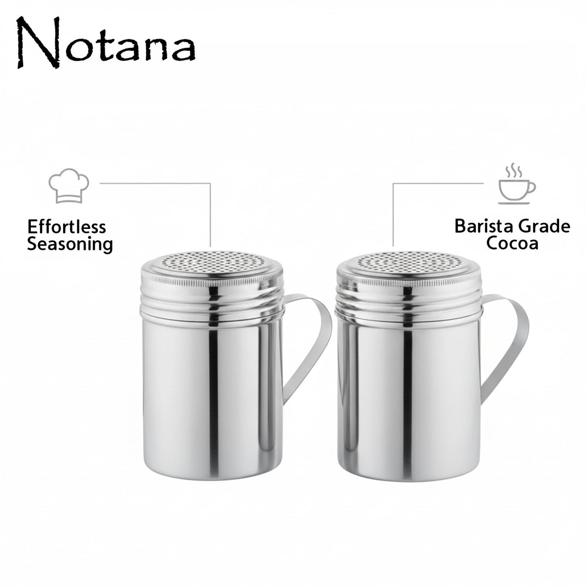 Notana Stainless Steel 10 Ounce Dredge Shakers with Handle for Powder Sugar, Flour Duster for Baking, Seasoning Shaker, Salt and Pepper Shakers, Cinnamon Sugar Dispenser for Kitchen (2-PACK)