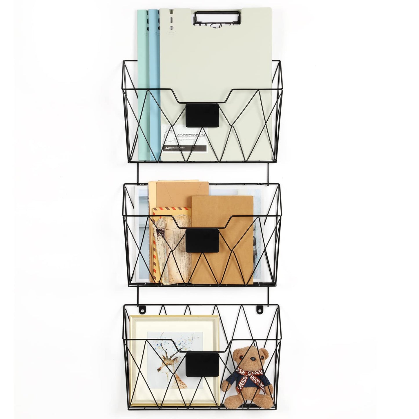 OYEAL Hanging Wall File Organizer Metal Wall File Holder 3 Pockets Mail Organizer Wall Mounted with Hooks for Office Home, Black
