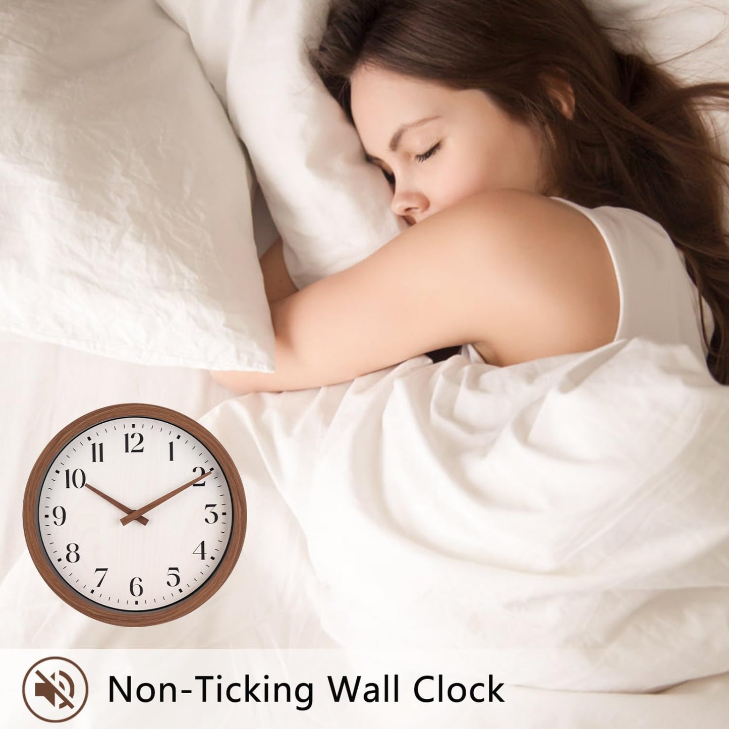 Topkey 12 Inch Round Silent Wall Clock with Wooden Hour and Minute Hands - Wood-Like Frame & White Dial for Home Office Kitchen Decor - Brown
