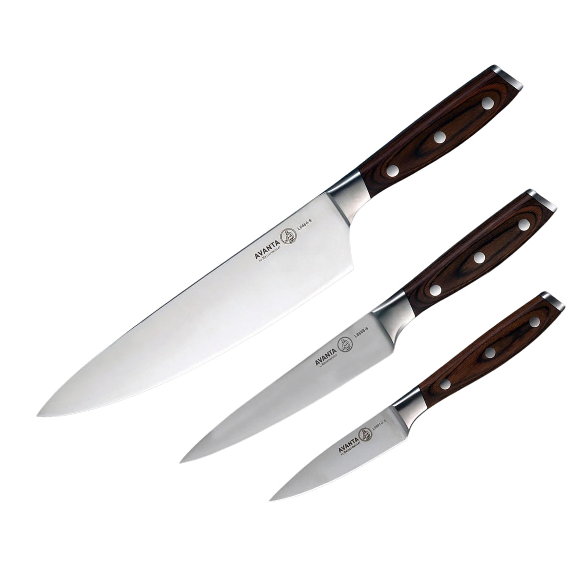 Messermeister Avanta Forged 3-Piece Pakkawood Starter Set - German X50 Stainless Steel - Includes 8” Chef’s Knife, 6” Utility Knife & 3” Paring Knife