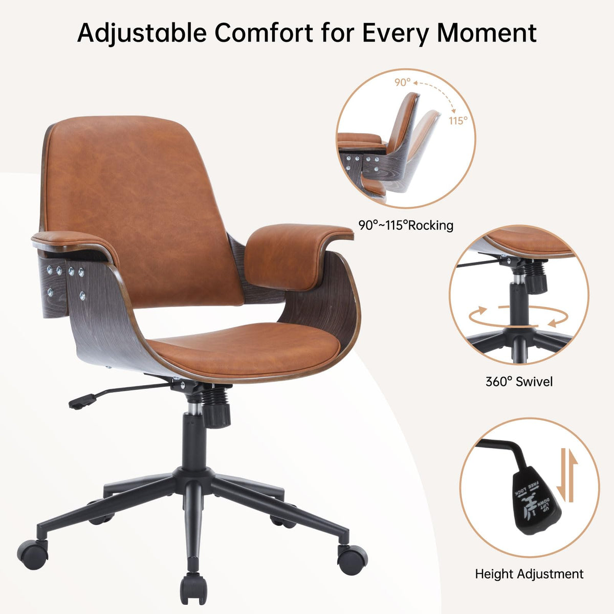 Mid Century Modern Home Office Chair,Ergonomic U-Shape Mid Back Executive Chair,Adjustable Height Swivel Computer Chair with Walnut Finish&PU Leather,Accent Chairs for Study Bedroom Workspace(Brown)