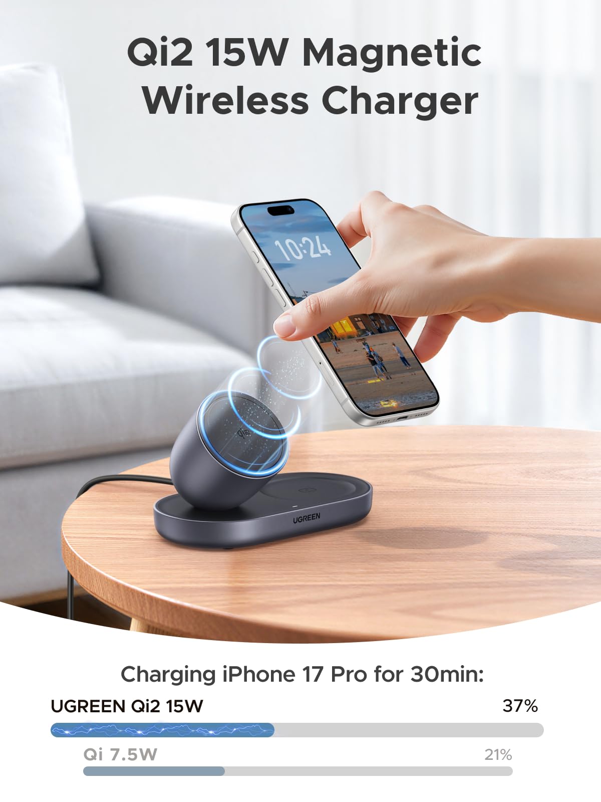 UGREEN Qi2 15W Wireless Charger 2-in-1, MagSafe Compatible Fast Charging Stand for iPhone 17 16 15 14 13 12 Series and AirPods, Fixed Viewing Angle, Compact Desktop Charging Station
