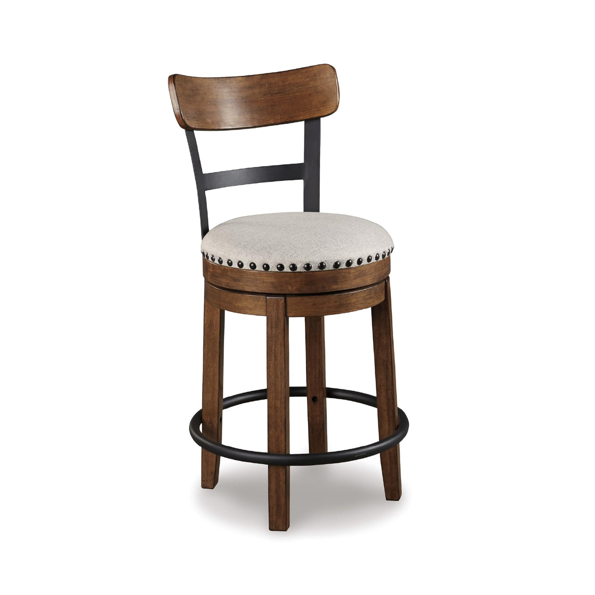 Signature Design by Ashley Valebeck Swivel Barstool With Back, Rustic-Industrial Wood and Metal, 360-Degree Swivel Counter Height Stool for Kitchen Island Seating, Linen Color