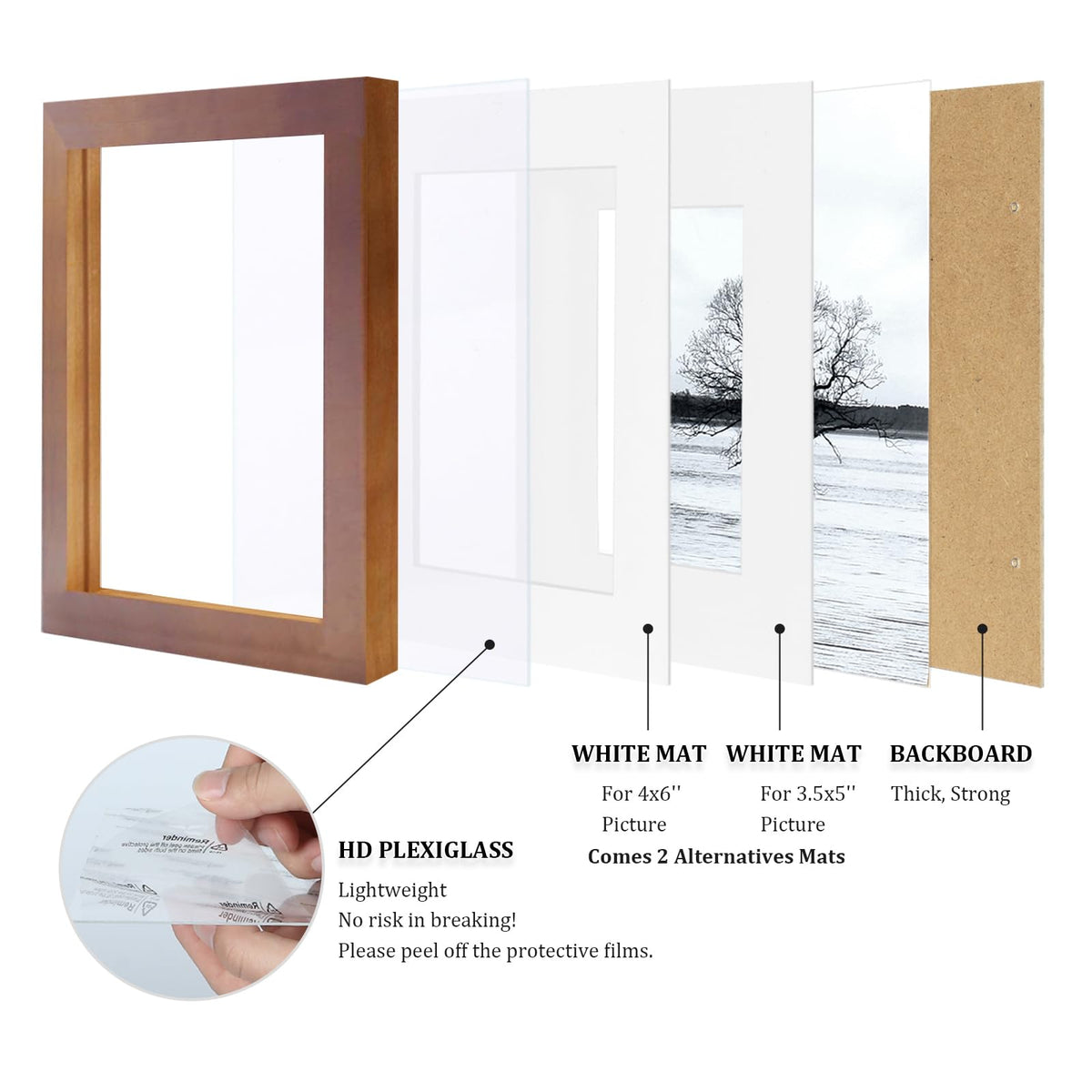 Egofine 5x7 Picture Frames 4 Pack Made of Solid Wood Covered by Plexiglass Matted for 4x6 or 3.5x5 for Table Top Display and Wall Mounting Photo Frame, Light Brown