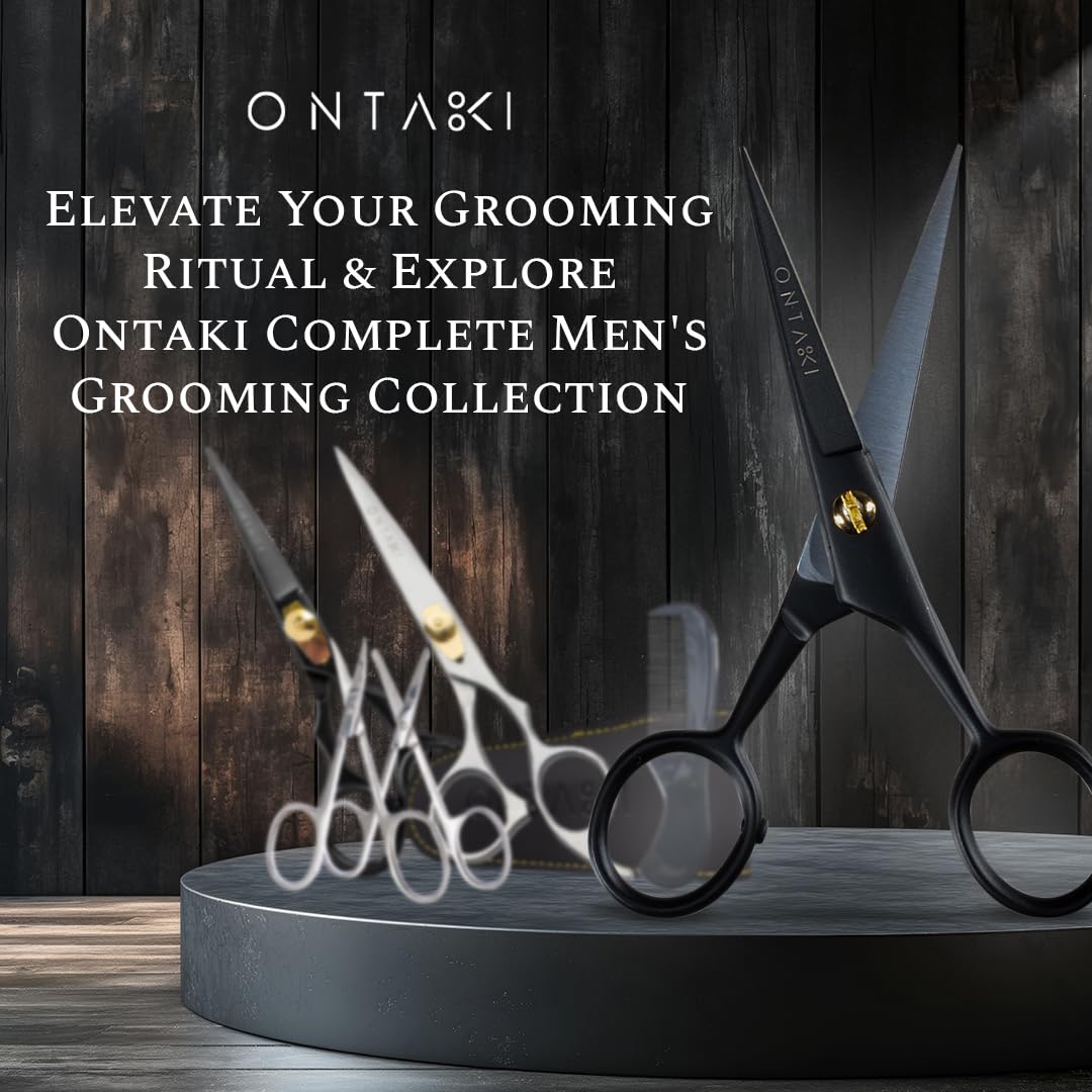 Ontaki Mustache Scissors - 5-Inch, Black - Bevel-Edge Precision & Beard Trimming Scissors - Complete Kit with Mustache Comb & Beard Comb