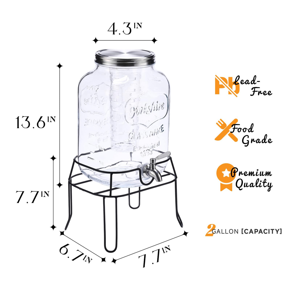 2 Gallon Glass Drink Dispenser,Beverage Dispenser with Stand,Lemonade Dispenser with 304 Stainless Steel Spigot Leakproof for Entertaining Guests, Picnic,Hosting Parties