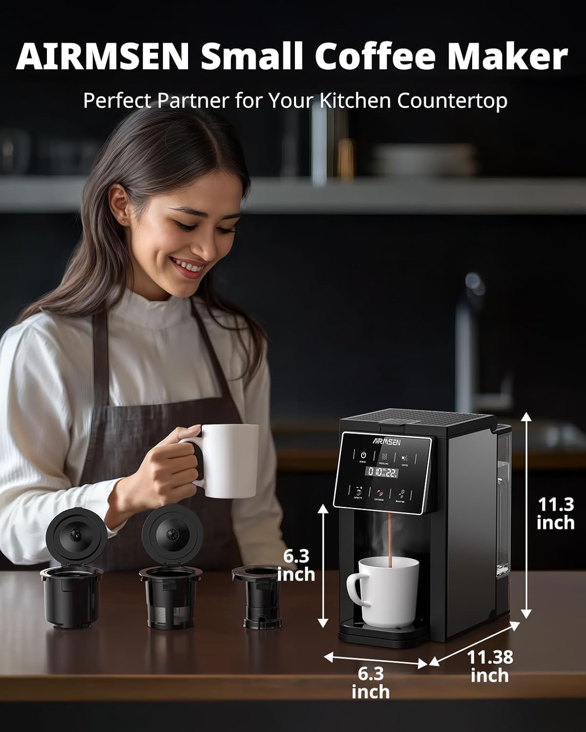 AIRMSEN Grind & Brew Coffee Maker with Built-in Grinder (2026 Model) - Single-Serve, Compatible with K-Cup Pods & Ground, 1000W Fast 6-14oz Brewer, Descaling Alert, Touchscreen & 50oz Removable Tank