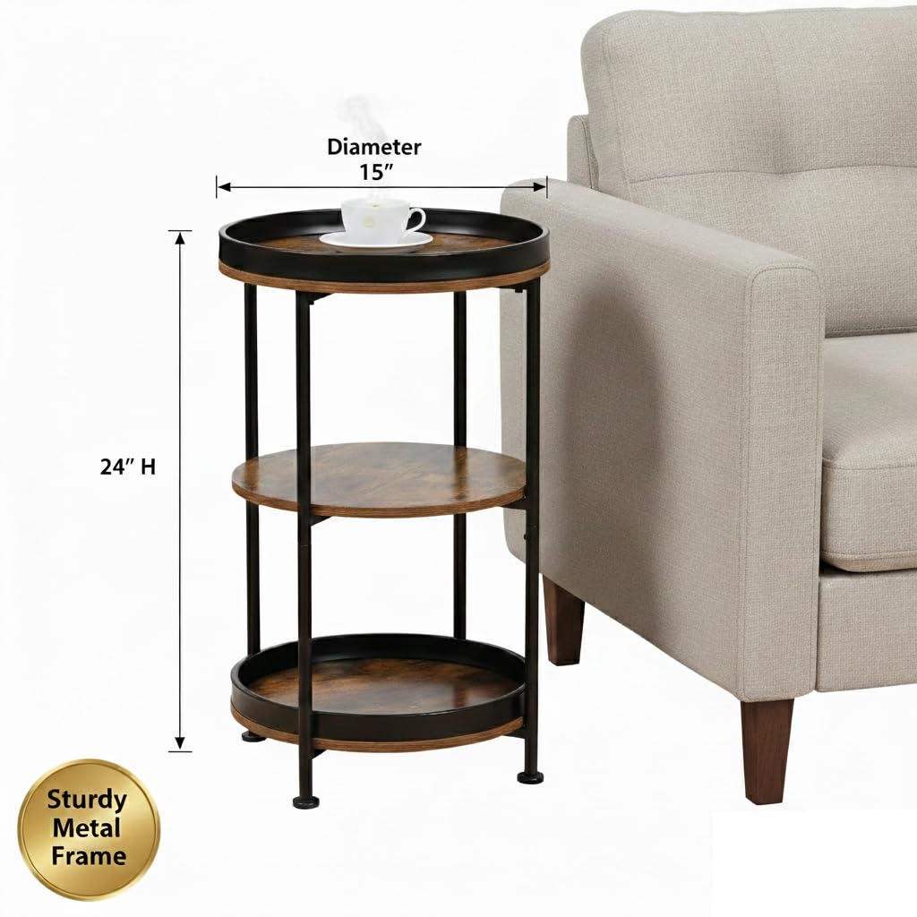 Dulcii Side Table, Round End Table with 3 Storage Shelves for Living Room, Bedroom, Nightstand with Steel Frame for Small Spaces, Industrial Round Sofa Table, Outdoor Accent Coffee Table, Rustic Brown