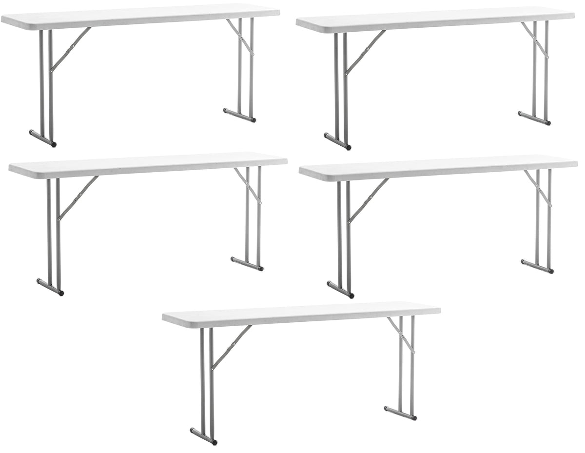 BTEXPERT 6-Foot - 72" Long White Granite Plastic Folding Seminar Training Table Portable 18" Wide Narrow, 29" High, Events Indoor Outdoor Lightweight Set of 5