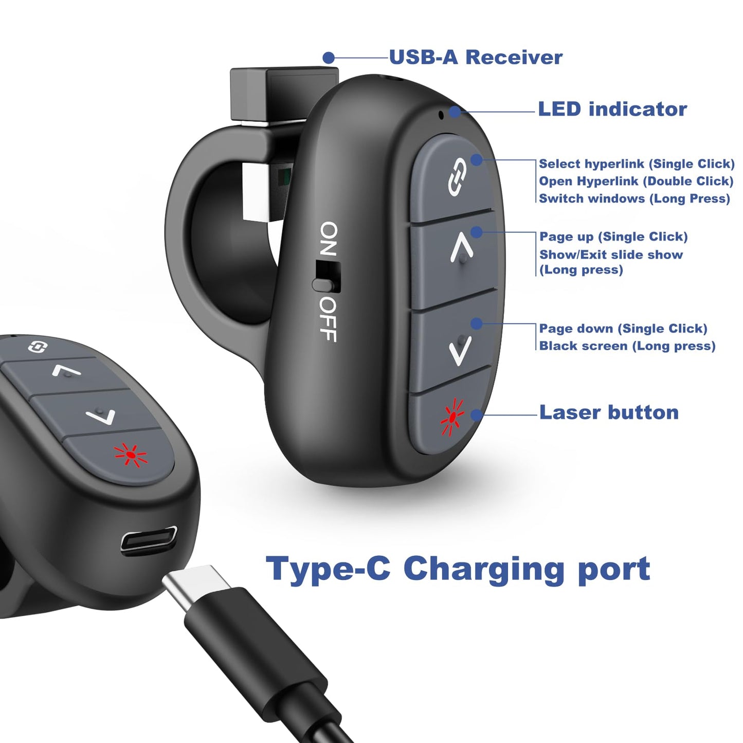 Presentation Clicker PowerPoint Wireless Presenter Remote: Laser Pointer Computer Clickers, Hyperlink Finger Ring Project Power Point PPT Clicker for Mac Laptop Office, Slideshow Google Slide Advancer