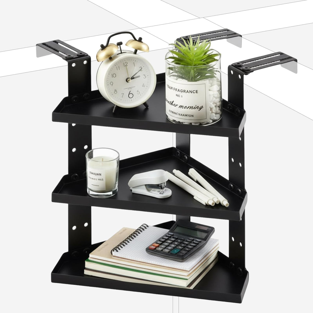 BrightRow 3 Tier Large Cubicle Corner Shelf, Office Cubicle Storage Organizer Accessories, Adjustable Corner Shelf with Hooks