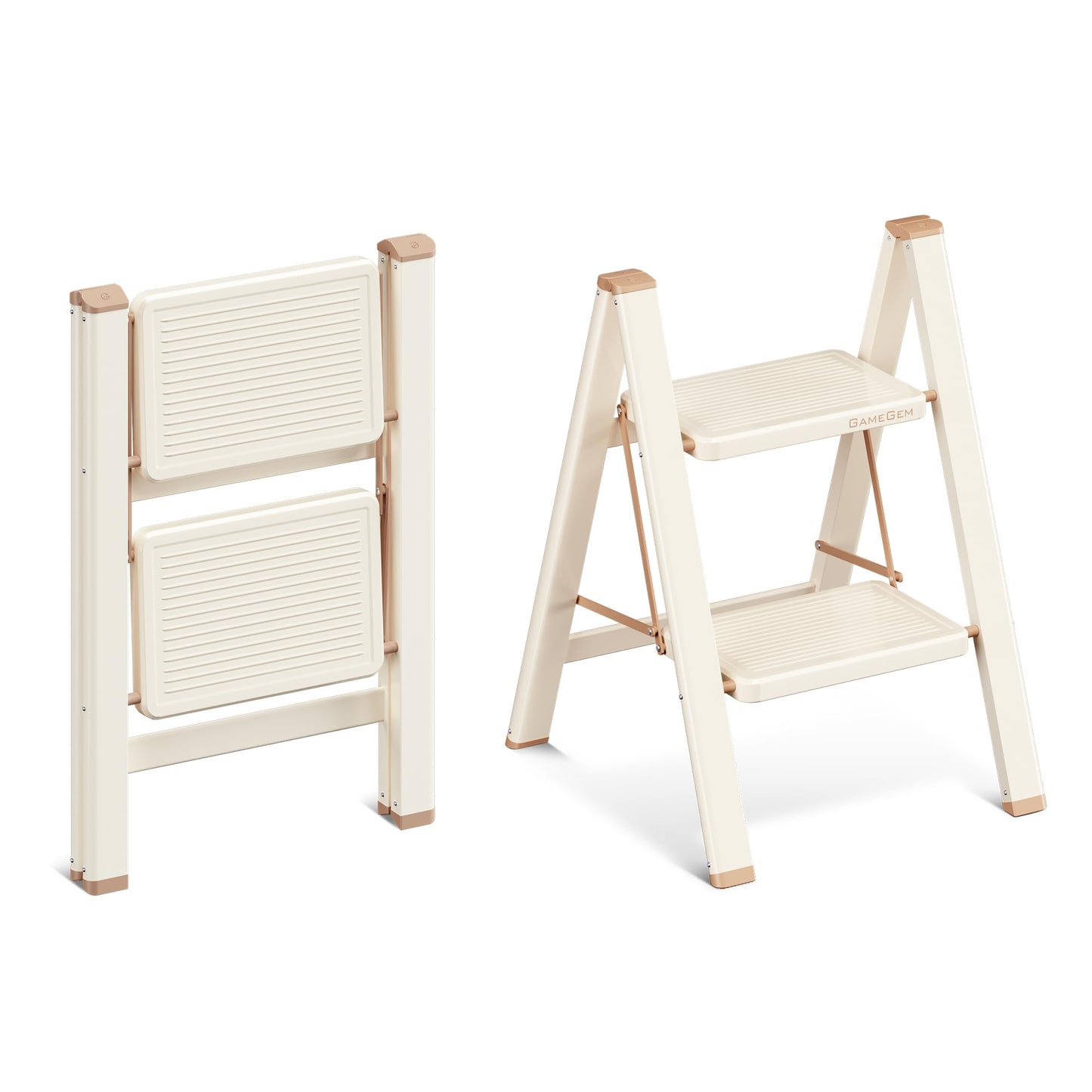 GameGem 2 Step Ladder, 2 Step Stool for Adults, Folding Step Ladder with Secure Footing, Widened Pedal, Aesthetically Pleasing Looking, Blends Right into Domestic Rooms, Cream Chocolate