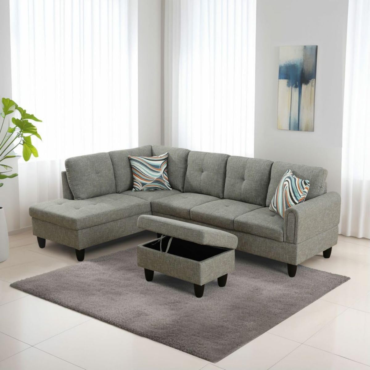 UOCFYK Grey-2 L-Shaped 3-Piece Linen Sofa with Storage Ottoman Set, Sectional Couch Sofa Set for Living Room, Office, Small Space