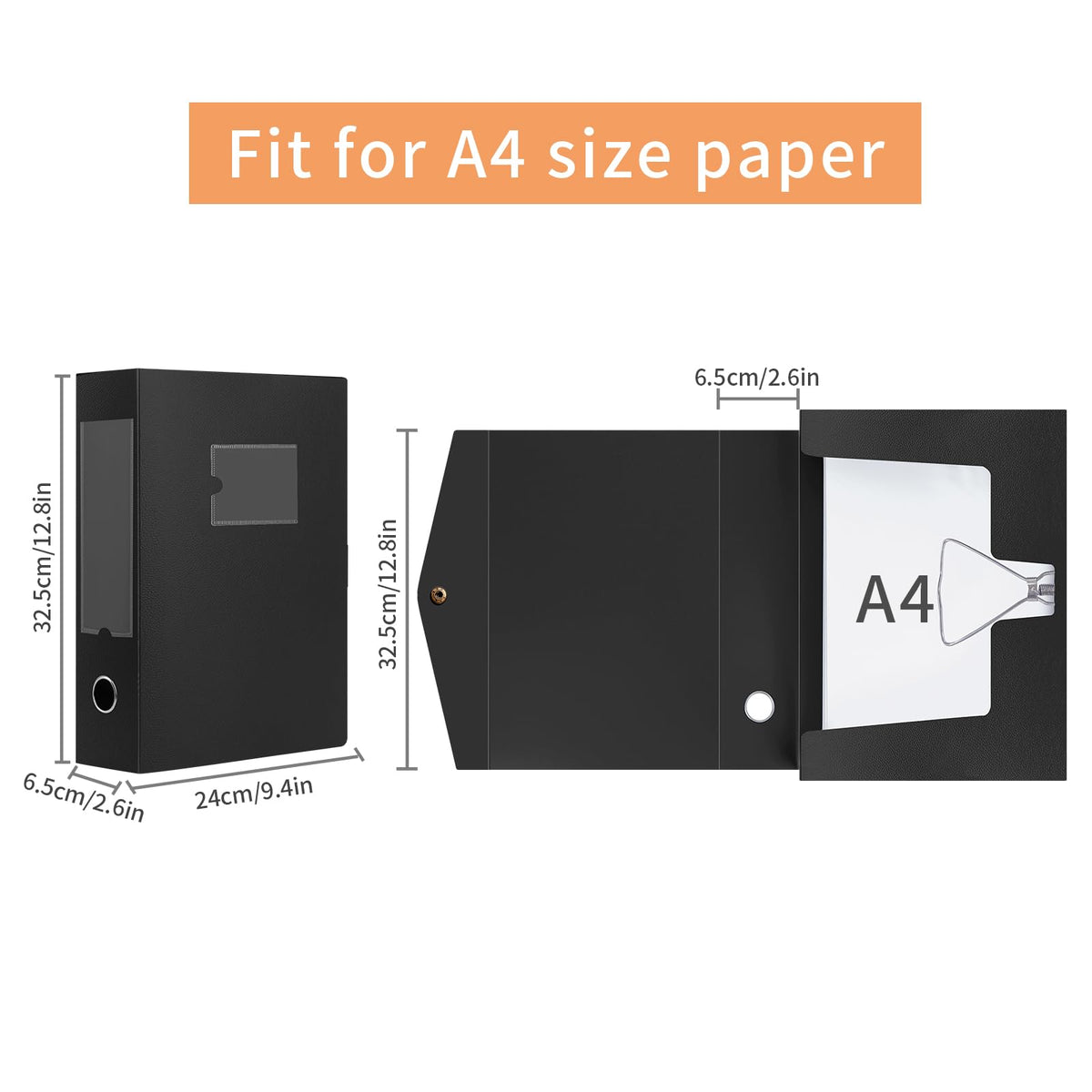 HUA JIE 2 Pack A4 Storage File Boxes Archives Case,65mm Spine,Box File Document Storage Box with Metal Clip for Office School -Black