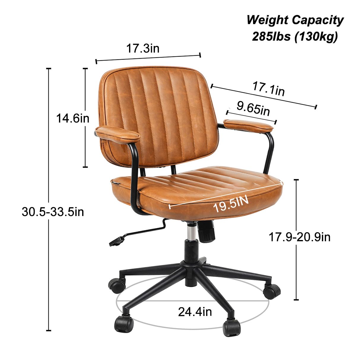 Artswish Mid Century Office Chair, Faux Leather Ergonomic Desk Chair with Arms, 360° Swivel Height Adjustable Computer Chair, Retro Home Office Task Chair with Wheels, Brown