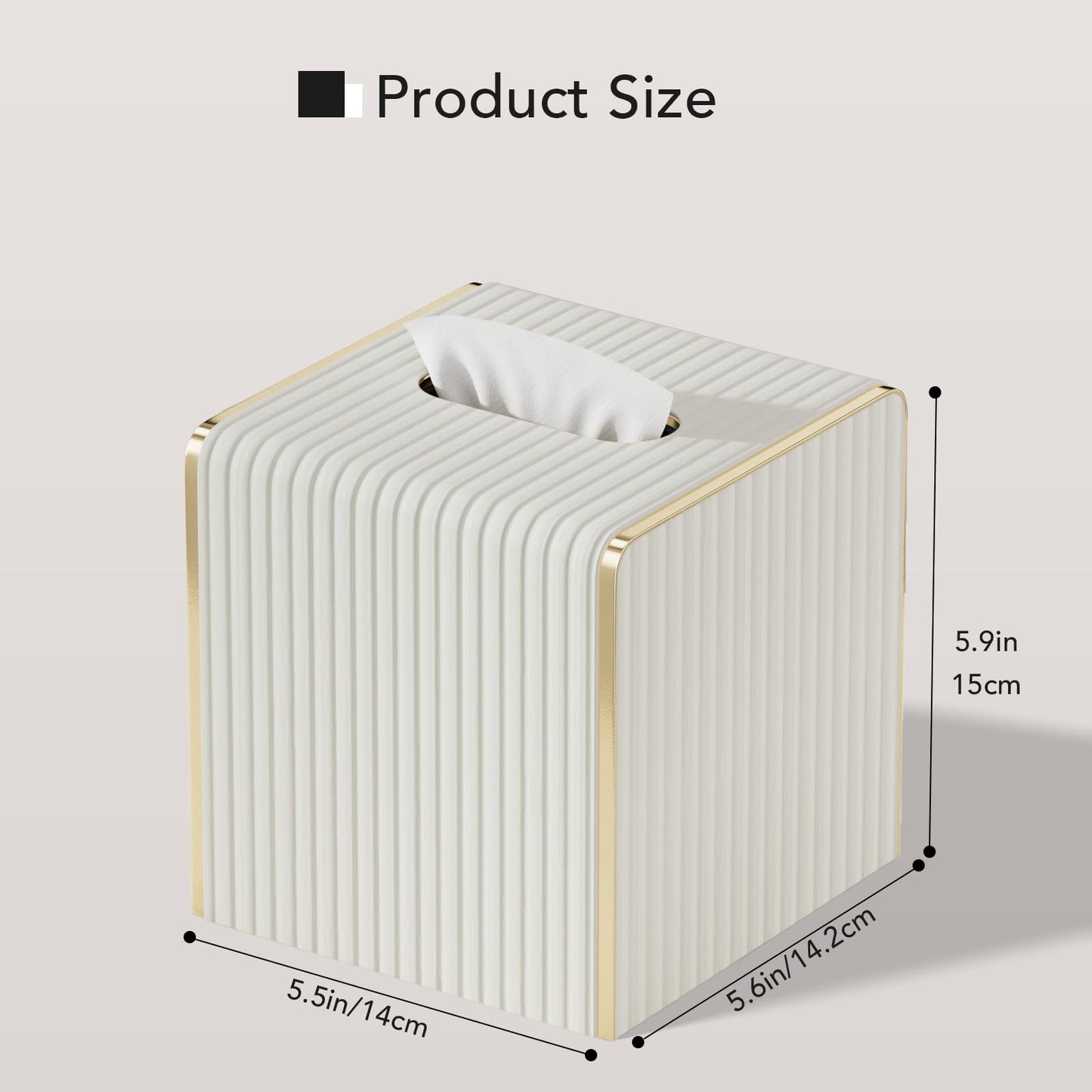 Tissue Box Cover,White Square Leather Tissue Box Holders with Gold-Tone Edging Decoration, Tissue Vessel for Bathroom Toilet Bedroom Living Room Table Desk Office,Modern Home Decor