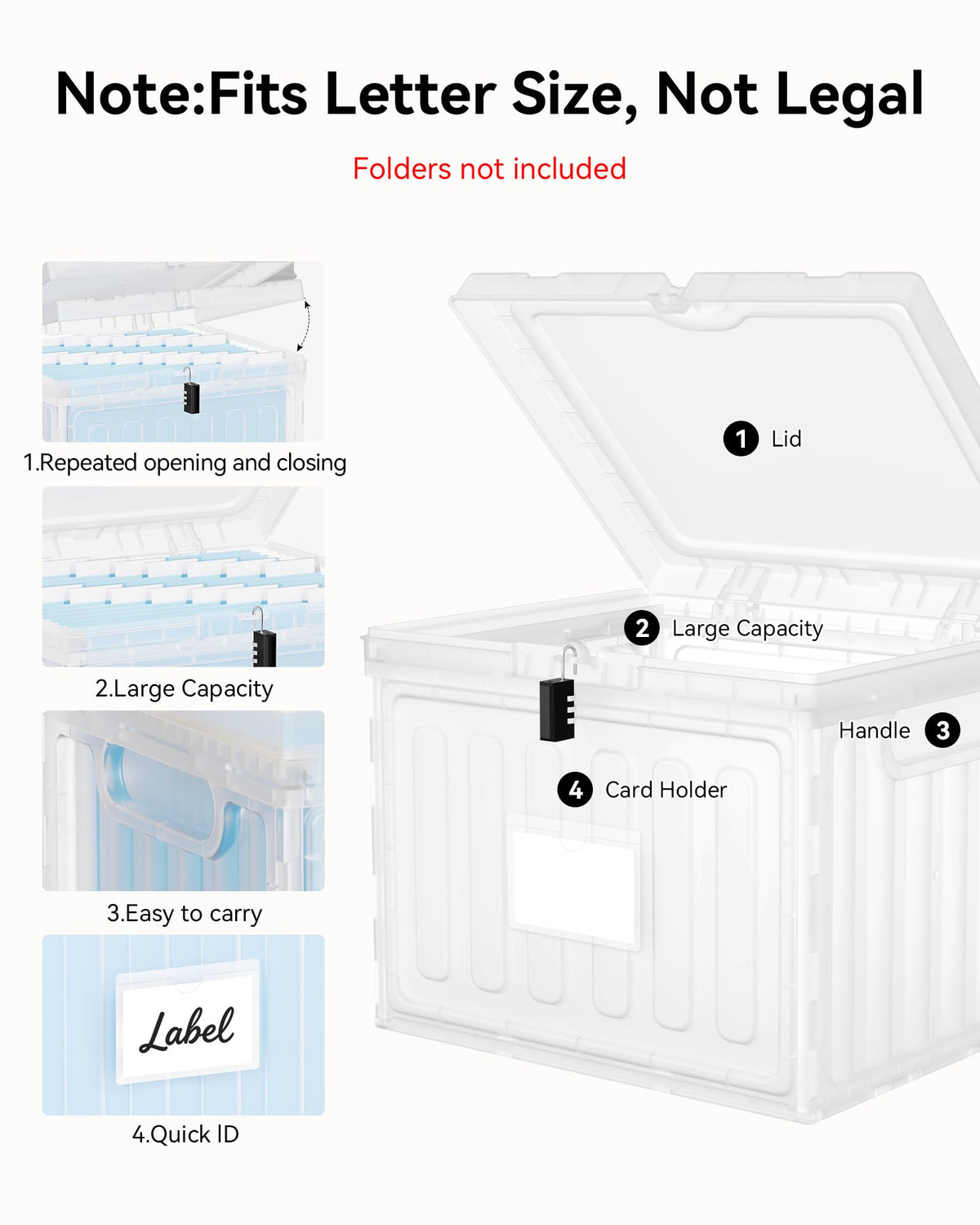 Oterri Plastic File Box with Lid for Letter Size Hanging File Folders, Hanging File Folder Box for Home, Office, School, File Cabinet, Assembly File Organizer, Clear，Large-1 Pack Without Folders