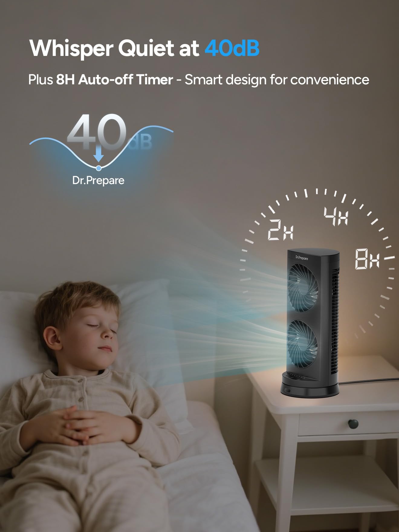 DR.PREPARE Desk Fan USB DC Tower Cooling Fan with Remote Control, DC Motor Portable Oscillating Fan, 3 Speeds, Dual Air Circulation, 110° Oscillation, Table Fan for Bedroom Dorm Room Office Desktop