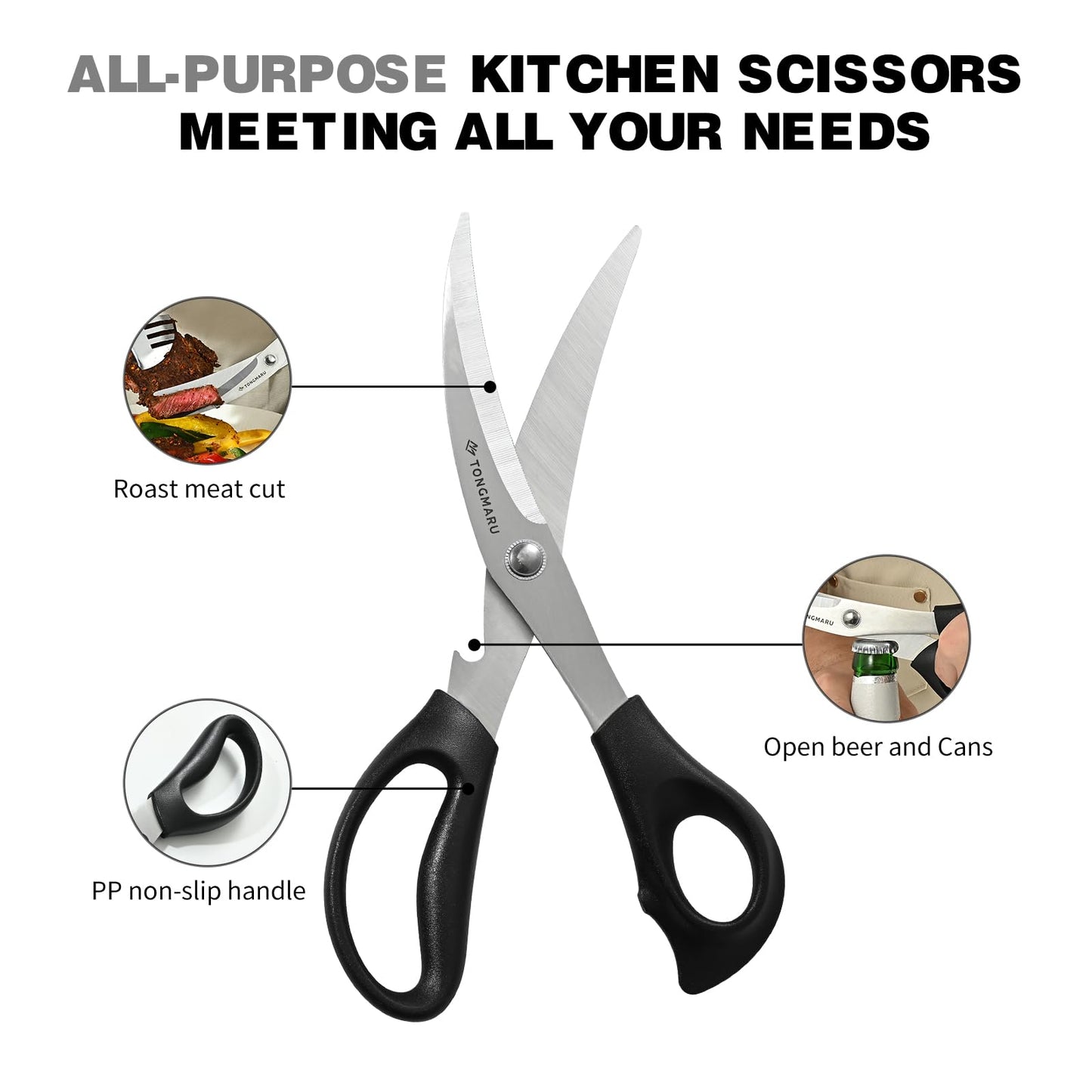 Heavy Duty BBQ Shears, Super Sharp All Purpose Kitchen Poultry Shears, Korean Barbeque Scissors with Anti-slip Handle, Serrated Blades with Bottle Opener function