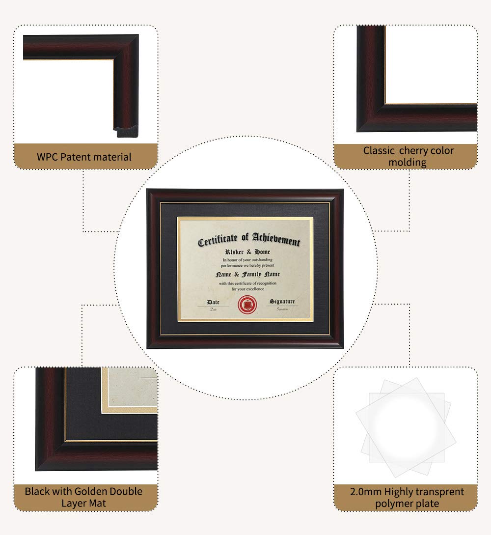 ELSKER&HOME 8.5x11 Diploma Frames with Mat, Classic Cherry Wood, 8.5x11 or 11x14 Inch - Double Matte Black with Gold Rim