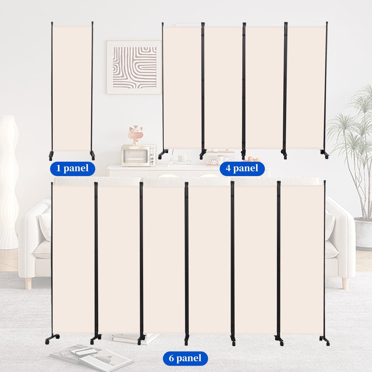 Room Divider 6FT Room Partition with Lockable Wheels, (Thicked Metal Base) Room Dividers, Freestanding Indoor Folding Privacy Screens, Portable Fabric Wall Divider for (Beige, 21.5"- 1 Panel)