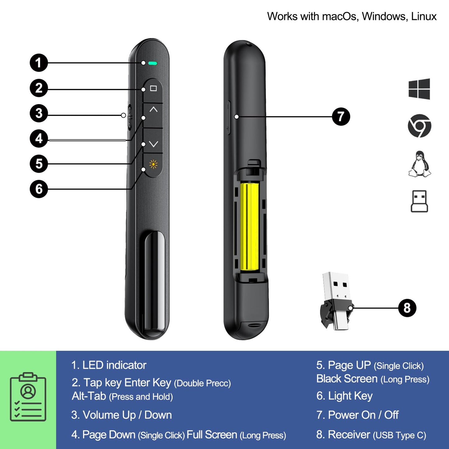 QUI 2 Pack Wireless Presenter Remote, 2.4GHz RF Presentaion Clicker with Hyperlink Volume Control, USB Presentation Remote for Mac, Laptop, Google Slides (USB Type-c, Black Purple)
