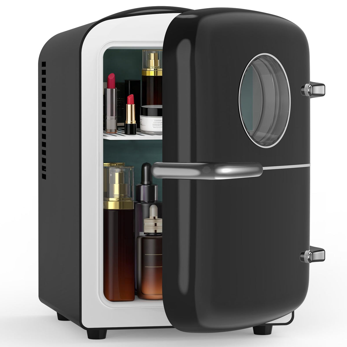 Electactic Mini Fridge for Bedroom, 4L/6 Cans Small Cosmetic Fridge for Skincare, Makeup & Drink, With Observation Window, Portable Desk Fridge Cooler and Warmer for Kids, Car, Office, Dorm, Black