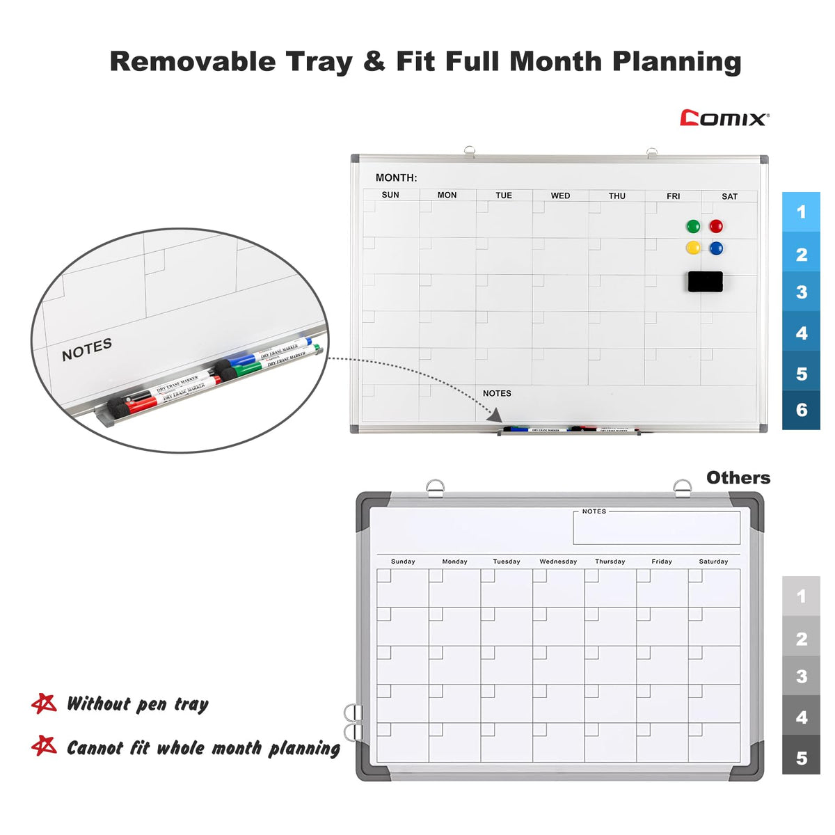 Comix Magnetic Dry Erase Calendar Whiteboard, 36 x 24 Inches Monthly Calendar Dry Erase Board for Wall, Aluminum Frame Planner White Board with Dry Erase Markers, Eraser, Magnets