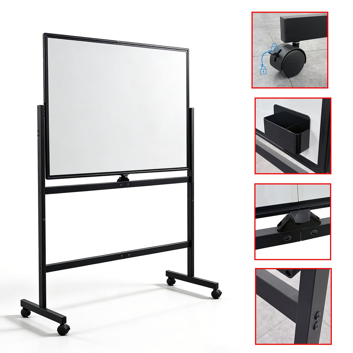 Whiteboard on Wheels, 48" x 32" Double-Sided Mobile White Board with Stand, 4' x 2.6' Portable Standing Dry Erase Board Easel with Lockable Wheels for Home Office Classroom School, Black