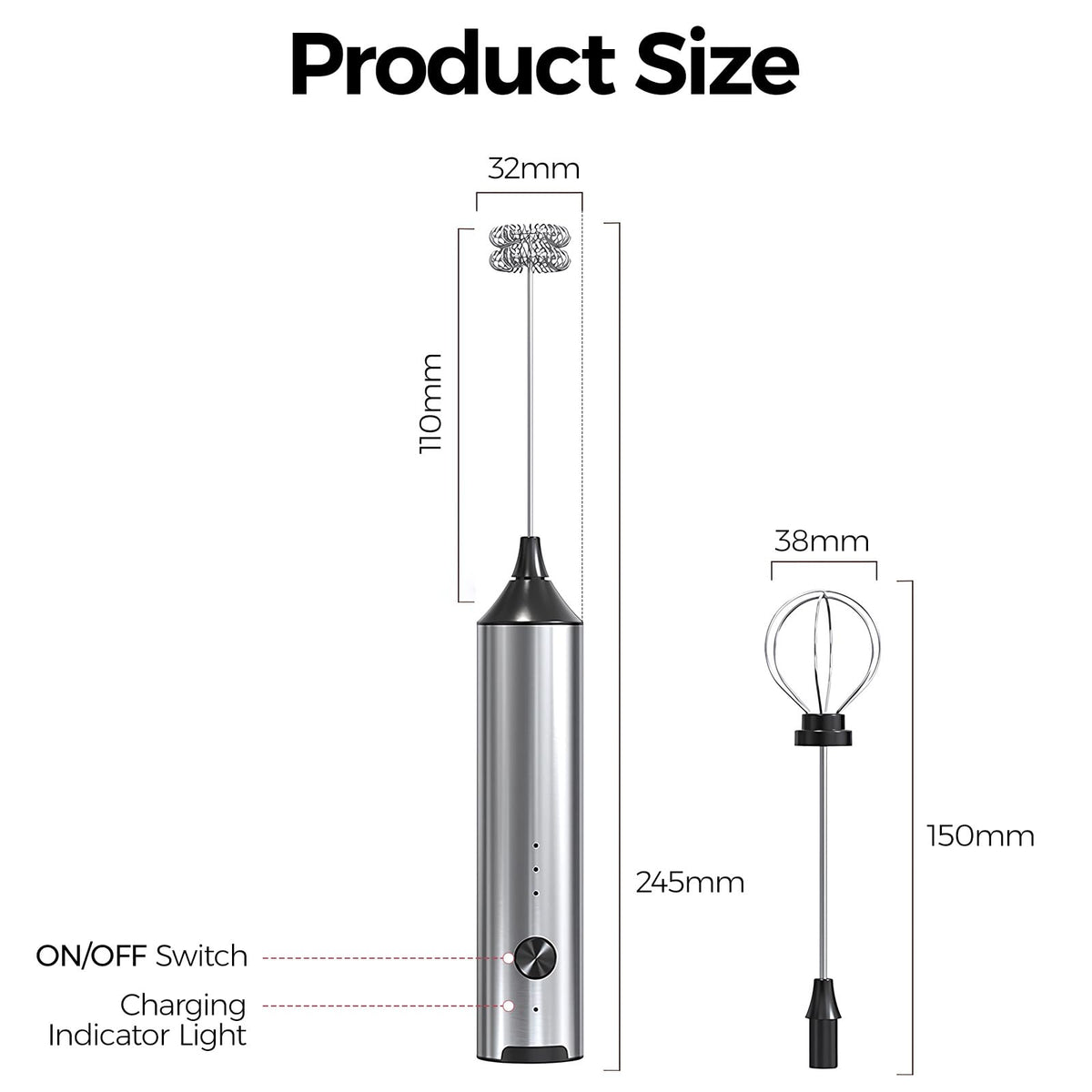 YARRAMATE Rechargeable Milk Frother Wand Handheld, 3 Speed Adjustable Electric Drink Mixer with 2 Whisks, Stainless Steel Stirrer for Coffee, Lattes, Protein Shakes, Matcha, Egg