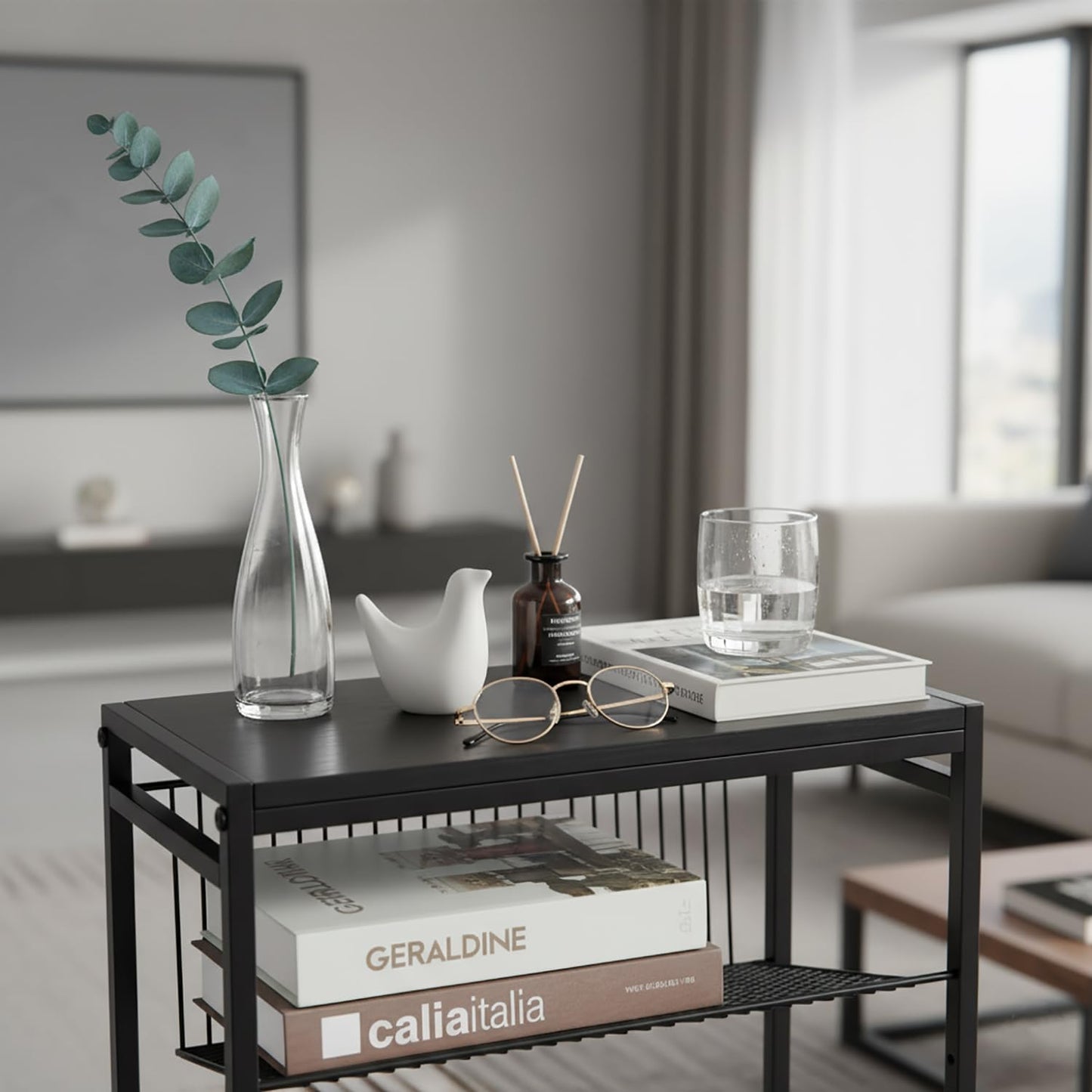 Dulcii Small Side Table for Small Spaces - Slim End Table with Magazine Holder - 2 in 1 Design Narrow End Table Living Room - Skinny Bedside Table Nightstand Bedroom Thin Side Table, Black