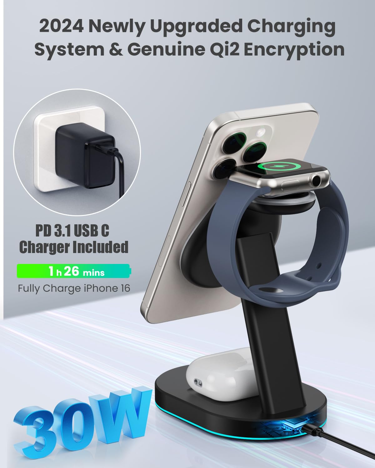 3 in 1 Wireless Charger Charging Station for iPhone,Qi2 Certified 15W Magnetic Charging Stand for Mag-Safe with 30W USB C Adapter&Friendly Night Light for iPhone 17/16/15/14/13/12,Apple Watch,AirPods