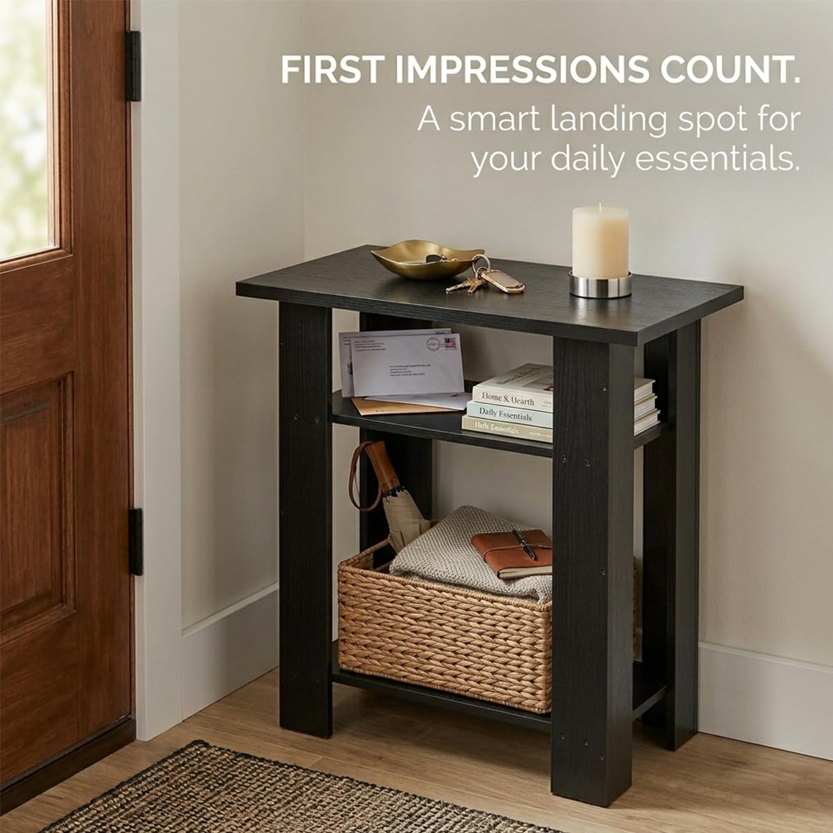 ZEXVIDA Black Side Table, 3 Tier Narrow End Table for Living Room, Modern Wood Nightstand with Storage Shelves, Small Bedside Table for Bedroom, Home Office, Small Spaces, 22.8 Inch High