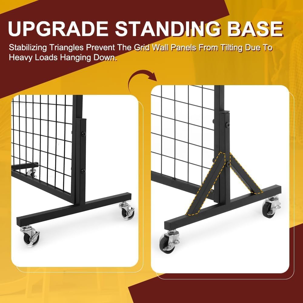 OUDUCK 2 Packs 3' x 6' Grid Wall Panels Standing Wire Grid, Study Display Rack with T-Base Wheels Freestanding Gridwall Panel Tower for Shows, Black