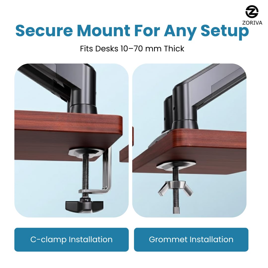 ZORIVA Dual Monitor Arm Full Motion Gas Spring Desk Mount for 13-34" Screens, Space-Saving VESA Stand for Gaming, Work, and Productivity