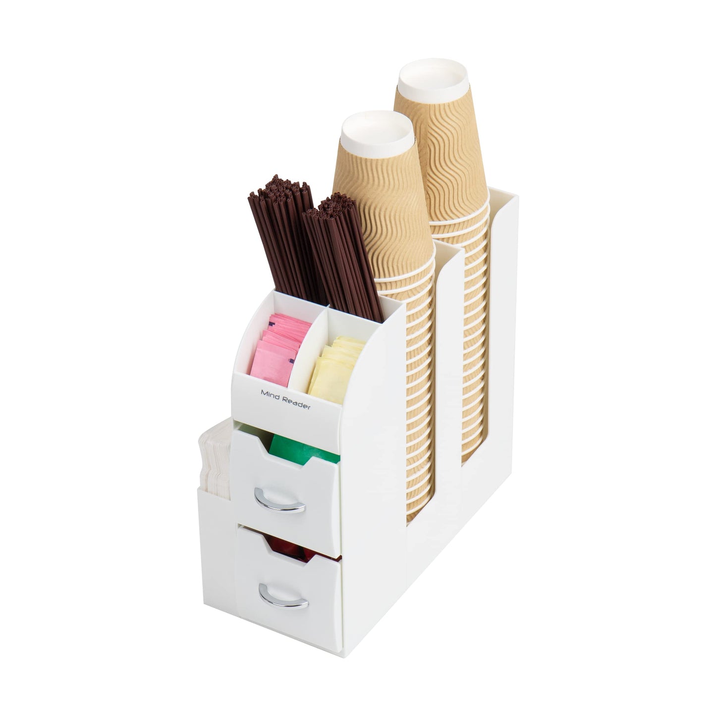 Mind Reader Cup and Condiment Station, Countertop Organizer, Coffee Bar, Kitchen, Stirrers, 5.375"L x 12"W x 11.25"H, White