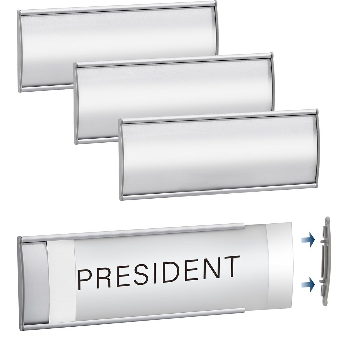 Plecterco 4 Pcs Office Door Signs - 8" x 3" Curved Name Plate Holders for Office, Wall-Mount Door Signs with Plastic Film and Adhesive Tape (Silver) (4, Silver)