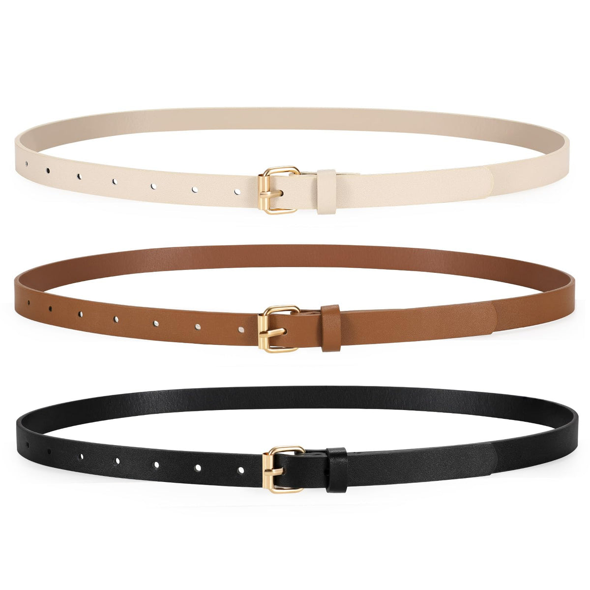 TRIWORKS 3 Pack Women Skinny Leather Belt for Jeans Pants Dress Ladies Thin Waist Belt with Gold Buckle