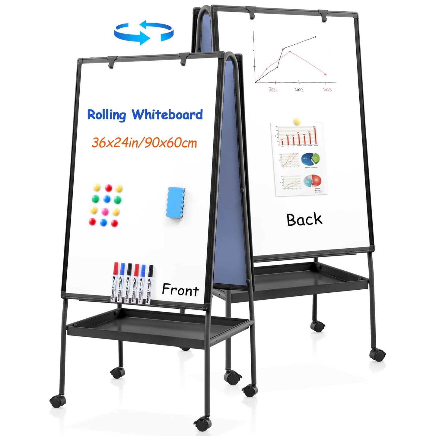 MAKELLO Rolling Whiteboard on Wheels 36x24 in, Double Sided Mobile White Board with Storage Tray for Office School Home, Magnetic Classroom Easel for Teacher, Height Adjustable, Aluminum Frame, 3'x2'
