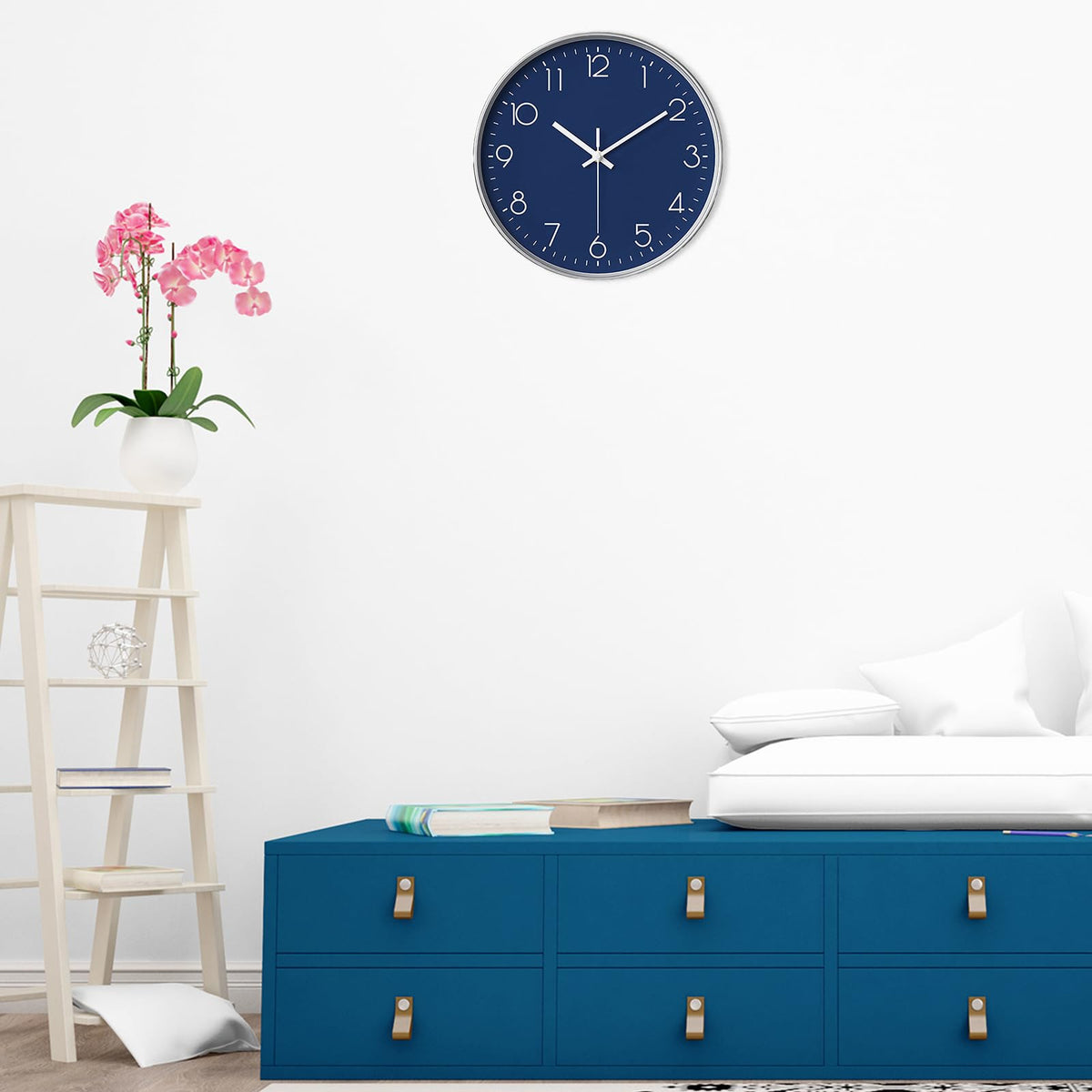 SENYURI Navy Blue Modern Wall Clock for Living Room Decor, 14 Inch Large Wall Clock Silent Battery Operated, Classic Round Analog Clock for Bedroom, Kitchen, Office, Bathroom, Outdoor Patio, Pool