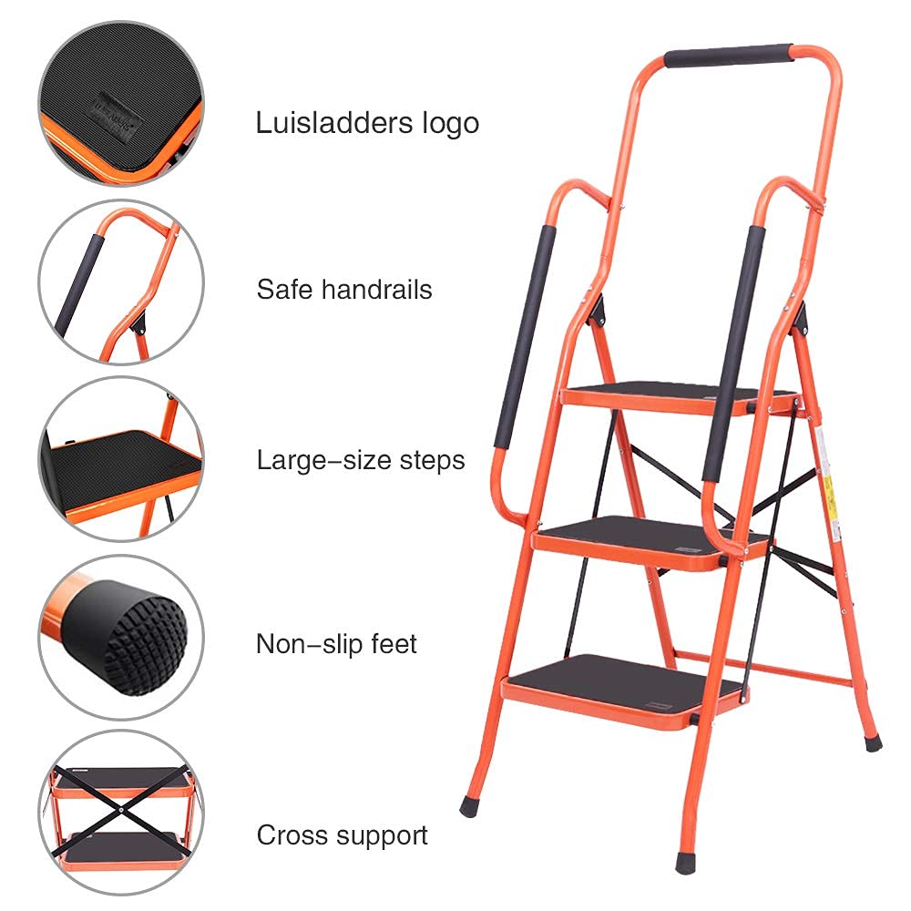 LUISLADDERS 3 Step Ladder Safety Tool Ladder Folding Anti-Slip Step Stool Ladder Padded Side Handrails with Large Area Pedals for Kitchen Home and Office 330lbs (3 Step)