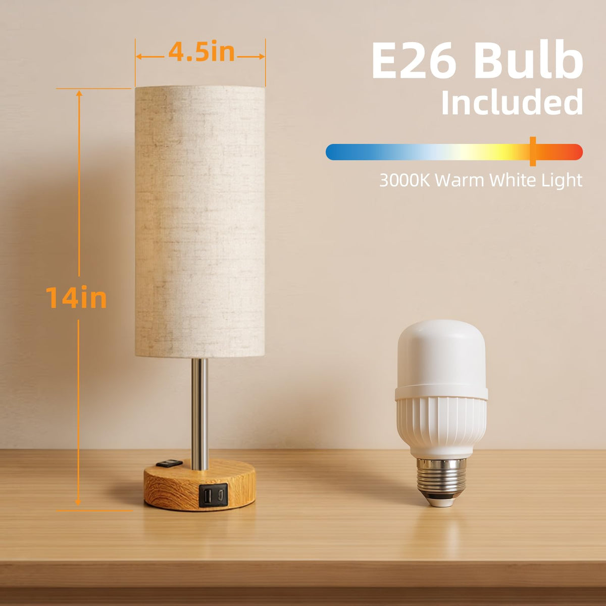 Fitfull Table Lamp for Nightstand, High-Sensitivity Touch, 3-Level Dimmable Bedside Lamp with AC Outlet | USB | and USB-C, Ideal Night Stand Lamp for Bedroom, Reading, Living Room(Warm&Wooden)