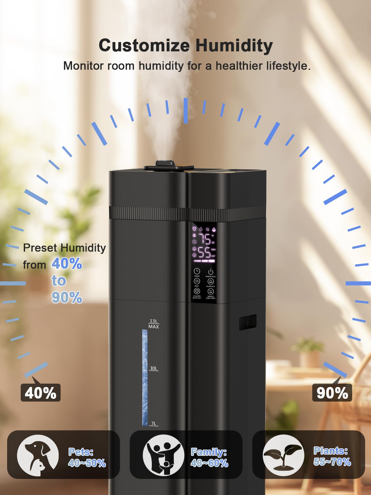 Zeova 13L/3.4Gal Humidifiers for Bedroom, Ultrasonic Warm & Cool Mist Humidifier Large Room, Covers 800ft², 72H Runtime, 24H Timer, 3 Mist Modes Top Fill Quiet Humidifiers for Home, Office, Black