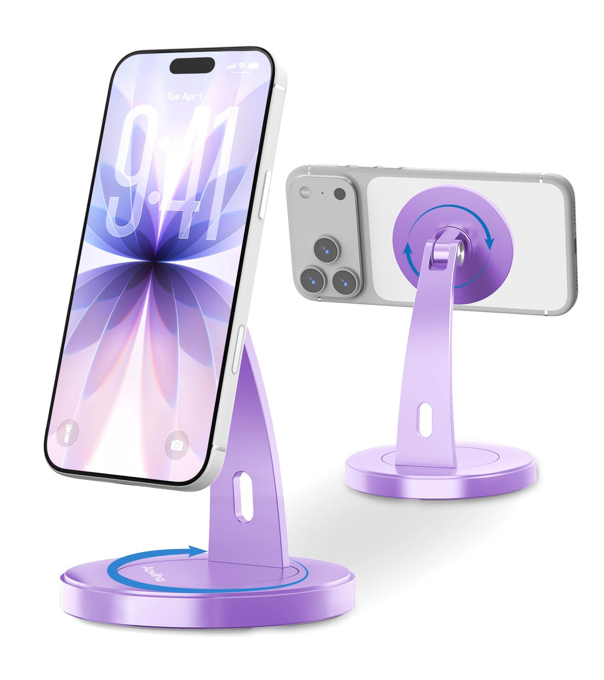 Aoviho Magnetic Phone Stand for Desk – 360° Rotating Aluminum Phone Holder, Stable Desk Stand for Office, Home & Kitchen, Compatible with iPhone 17 Pro Max 16–12 Series and MagSafe Cases, Purple