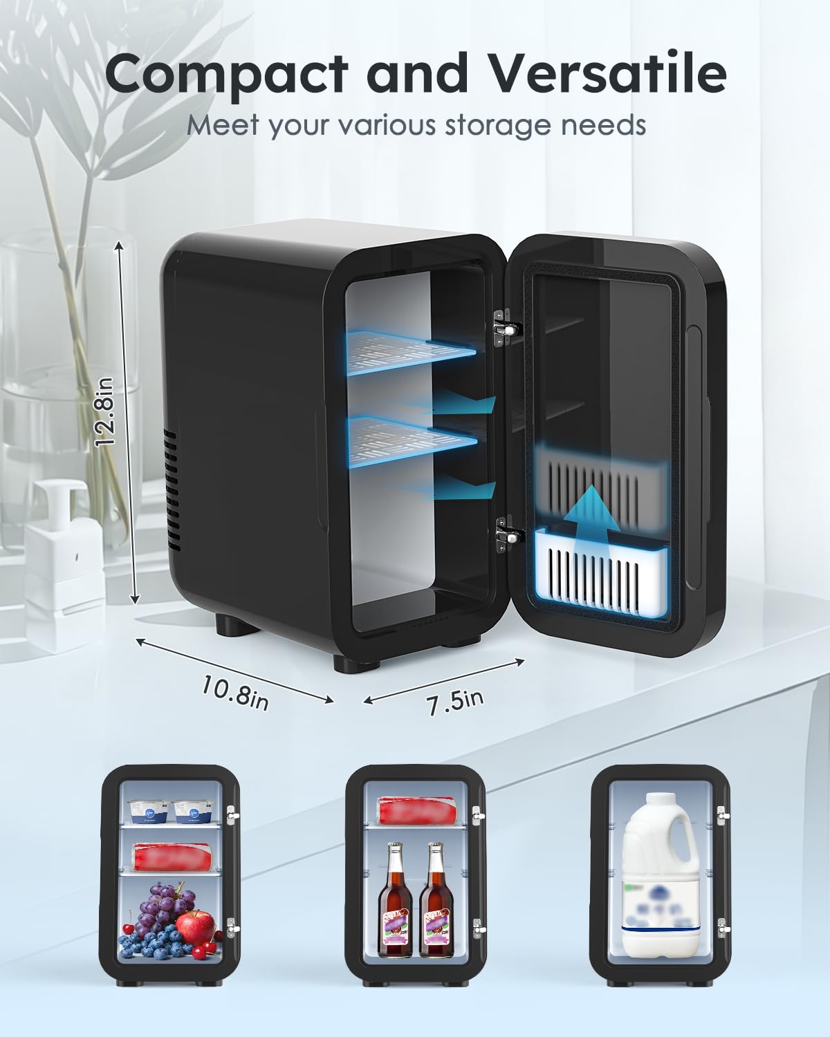 FANSEXPERT Skincare Fridge with Glass Panel, 6L Mini Fridge for Home/Car, AC/DC Portable Thermoelectric Cooler and Warmer, Makeup Mini Compact Refrigerator for Skincare Cosmetics Food Drinks (Black)