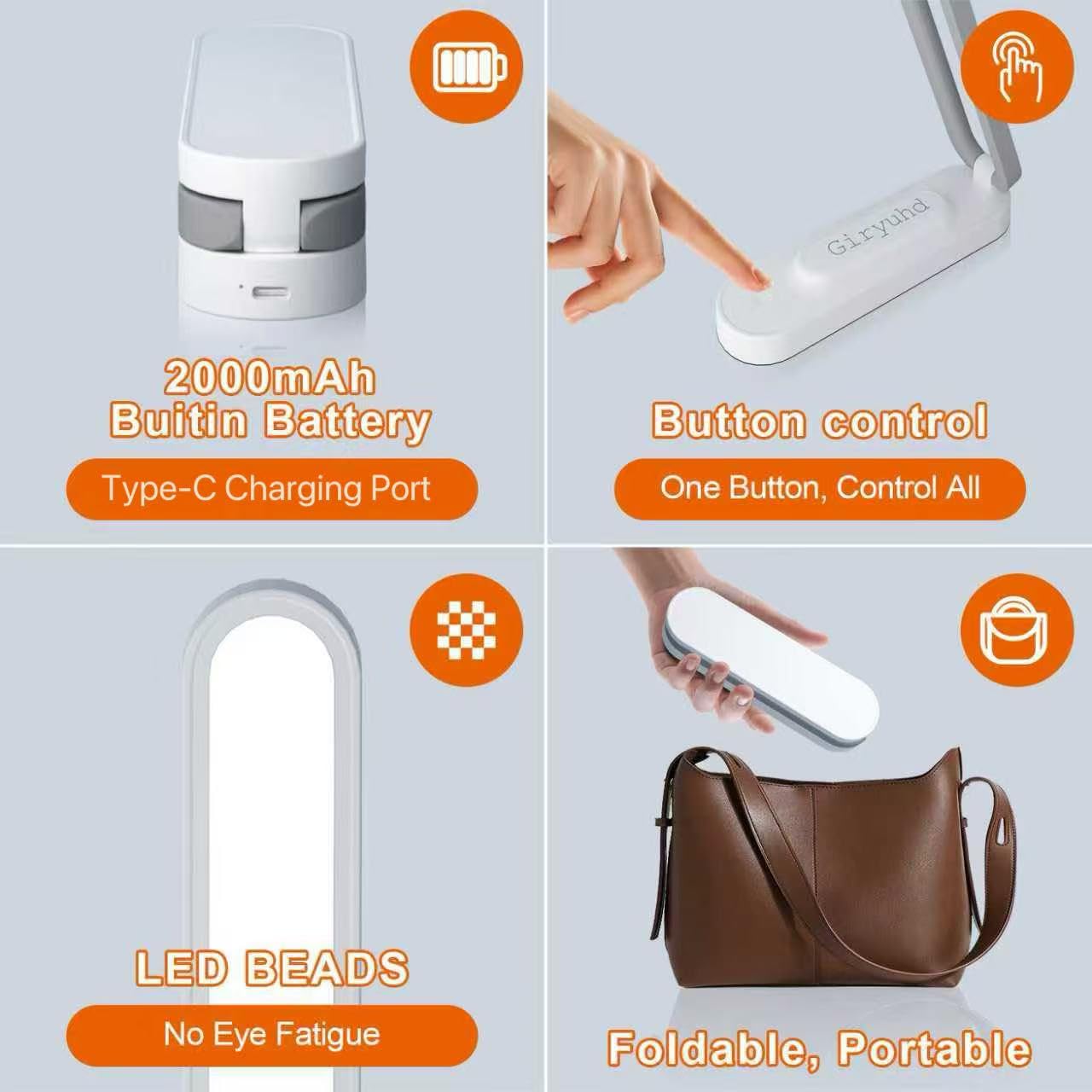 Giryuhd LED Desk Lamp for Office Home & Battery Operated Lamp Rechargeable Lamp Foldable & Portable Light, LED Desk Light Strip, 3 Brightness Dimmable Small Desk Lamp Wireless Reading Lamp (White)